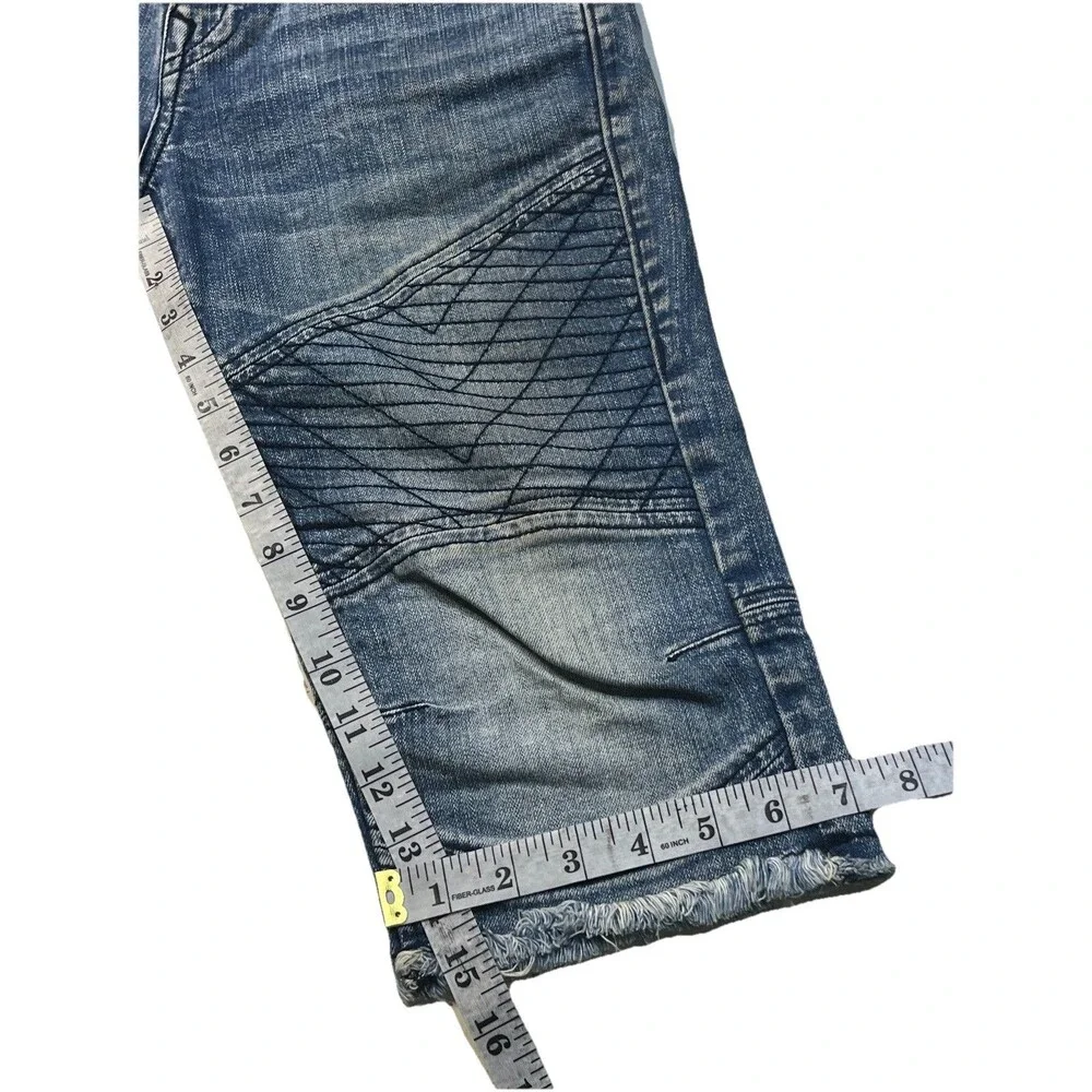 True Religion Geno Moto Shorts Men's 27 Blue Denim Chevron Stitch Raw Hem Biker